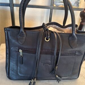 The Golden Bear Clava brand black leather tote bag